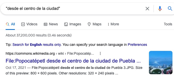 Google search result showing Wikipedia image of Popocatépetl "desde el centro de la ciudad"